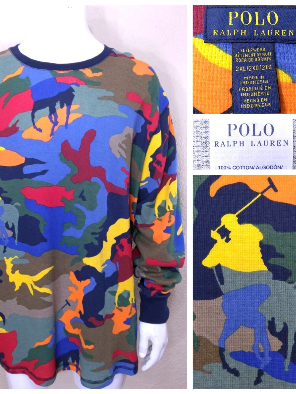 POLO RALPH LAUREN Long Sleeve THERMAL T Shirt 2XL Multicolor BIG PONY XXL RL